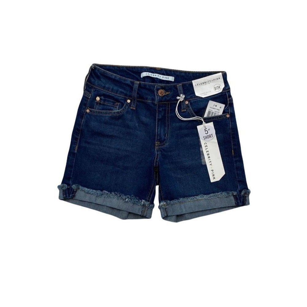 Celebrity Pink Jean‎ Shorts 0 24 Dark Blue Juniors' Cuffed Stretch Mid-Rise NEW